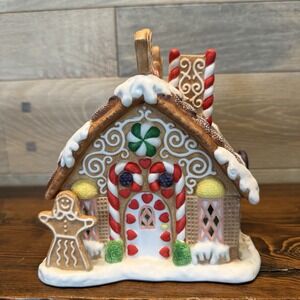 PARTY LITE Ceramic Gingerbread Tealight House P7304 Snow Village Christmas READ